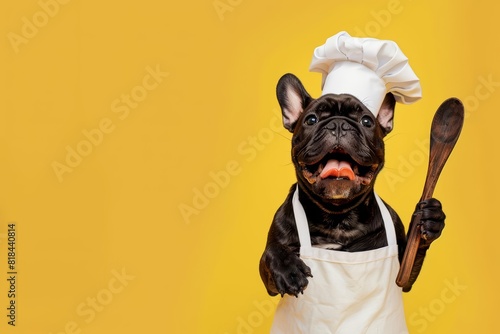 A playful dog wearing a chefs hat and apron