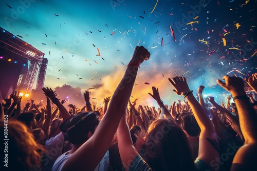 A crowd of people are celebrating at a concert