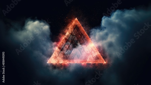 A triangle portal with clouds and cosmic backdrop. Surreal digital art concept for mystery  fantasy  and science fiction design. An abstract art of futuristic triangle shape with neon line. AIG35.