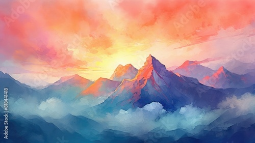 Digital painting of a mountainous landscape during a vibrant sunset. Image of blue mountain or hill painted with blue gradient watercolor contrast with orange and pink twilight sky from sunset. AIG35. photo