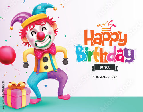 Birthday clown character vector design. Happy birthday greeting text with colorful clown character in funny  smiling and naughty facial expression. Vector illustration birthday greeting template.  