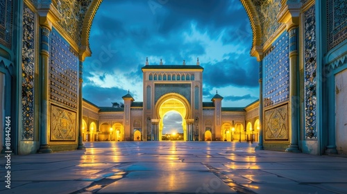 Photo of the kings palace in fes, morocco at night with blue sky, golden door and archway photo