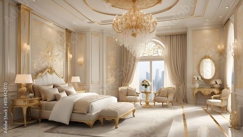 Royal luxury bedroom interior design  modern ivory and golden interior design  luxurious bedroom design of a king palace  photo realistic background