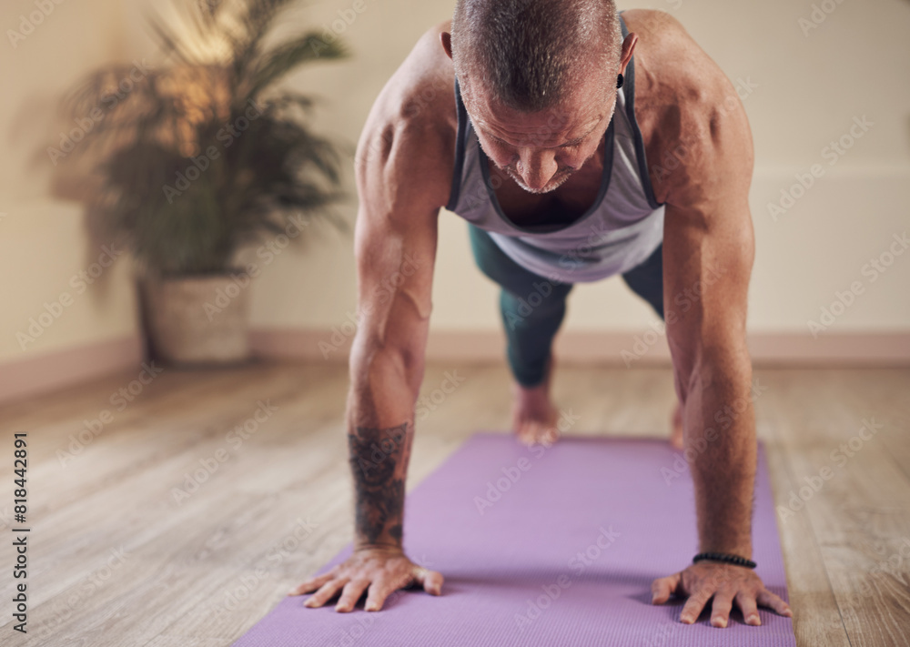 Fototapeta premium Man, yoga and high plank pose for wellness, health or body flexibility for practice routine with strength. Relax, zen yogi or person in pilates session for mindfulness, wellbeing or balance on floor