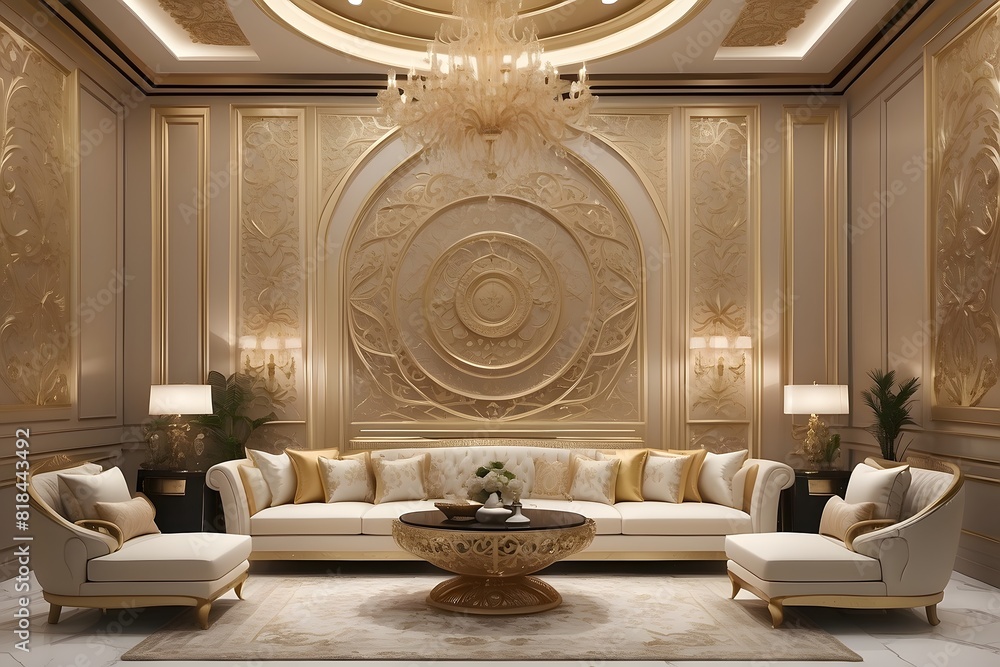 Royal luxury living room interior design, modern beige and golden ...