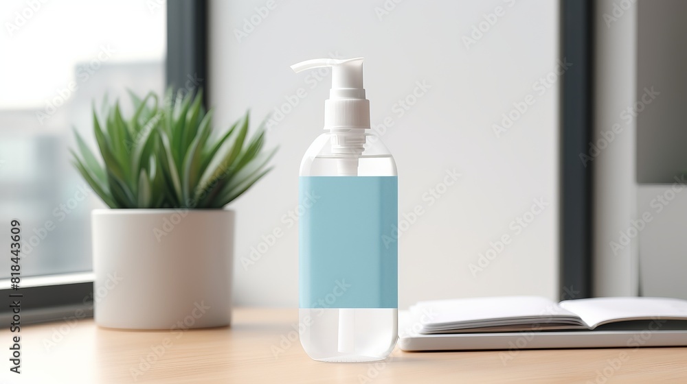 A bottle of hand sanitizer sits on a desk next to a potted plant A bottle of hand sanitizer sits on a desk next to a potted plant