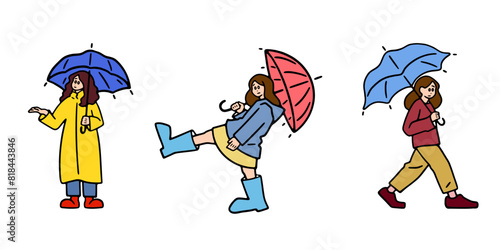 雨の日に傘をさす女性のカラーイラストセット