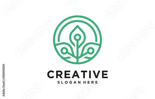 leaf circle modern technology logo design