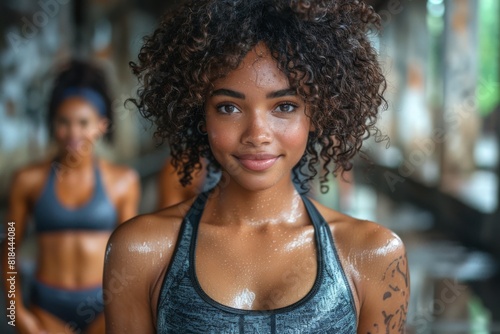 A young woman with curly hair and a confident smile is wearing a sports bra, glistening with sweat after a workout. She is in a gym setting with other athletes blurred in the background. photo