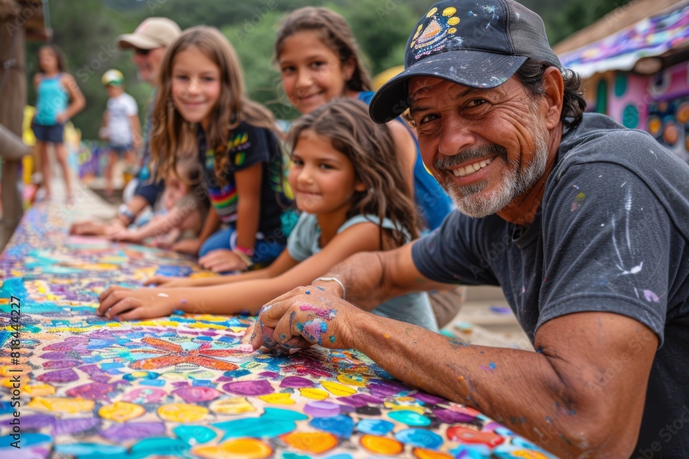 A group of children and an older man smile and work together on a colorful outdoor mural. They are engaged in a creative activity, with paint on their hands and clothes, capturing a joyful moment. A group of children and an older man smile and work together on a colorful outdoor mural. They are engaged in a creative activity, with paint on their hands and clothes, capturing a joyful moment.