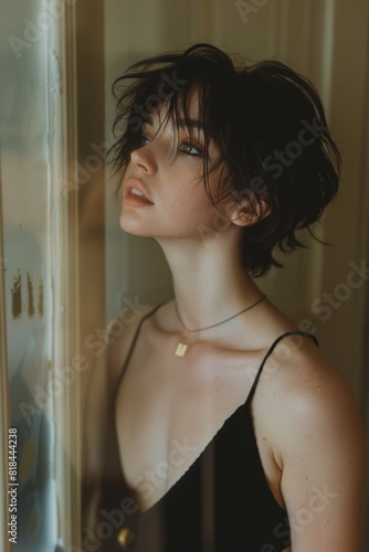 A young woman with tousled short hair looks thoughtfully out of a window. She is wearing a black camisole, and the soft light highlights her delicate features and contemplative expression.