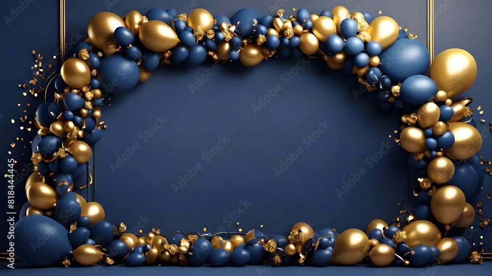 Balloon garland decoration elements. Frame arch for wedding, birthday, anniversary party celebration. Dark blue and gold banner background with round empty space. 3d render illustration. See Less
Balloon garland decoration elements. Frame arch for wedding, birthday, anniversary party celebration. Dark blue and gold banner background with round empty space. 3d render illustration. See Less