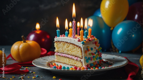 A slice of birthday cake with candles on top