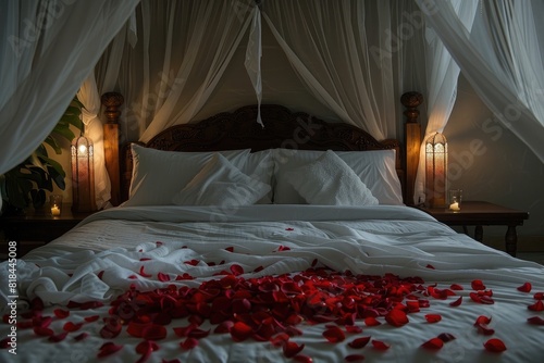 romantic bed with white sheets and rose petals on the floor, dark room, night light, canopy over headboard, romantic mood, high resolution photography