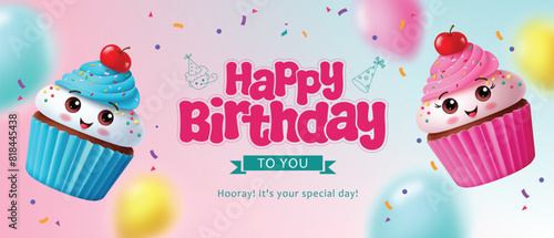 Happy birthday vector banner design. Birthday greeting text with cupcake characters in strawberry and muffin blueberry sweet flavors for invitation card background. Vector illustration birthday 