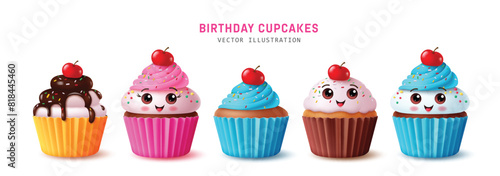 Birthday cupcake characters vector set design. Birthday cup cake character, muffin sweets collection in strawberry, blueberry and chocolate flavors in isolated background. Vector illustration birthday