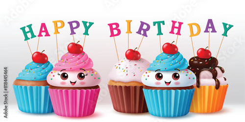 Birthday cupcake characters vector set design. Happy birthday cake toppers greeting text in cute strawberry and blueberry muffin flavors for girl and boy party elements. Vector illustration birth day 