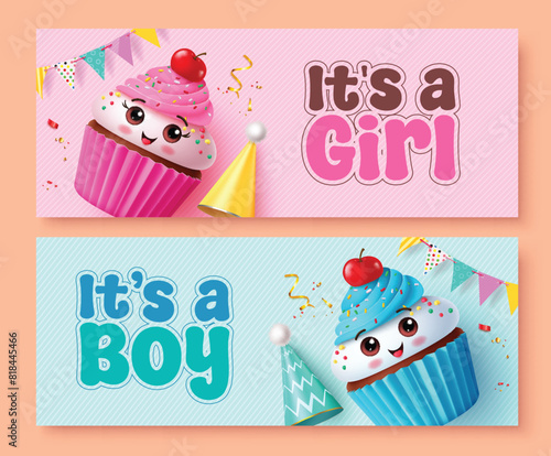 Birthday invitation vector banner set design. Girl and boy baby shower gender reveal surprise party event with strawberry and blueberry cupcake elements. Vector illustration girl and boy baby shower 