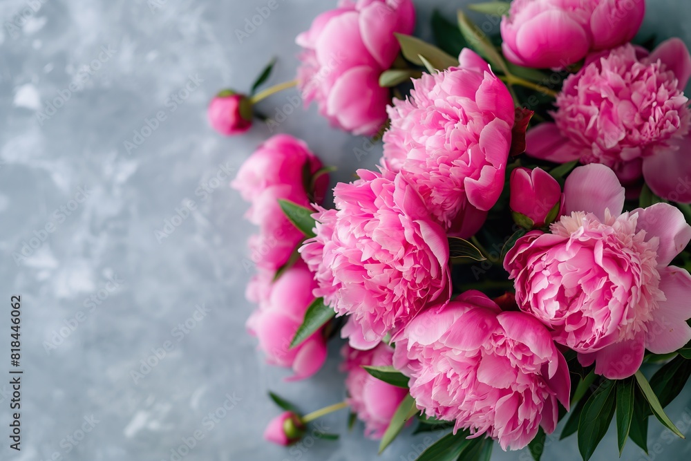 Obraz premium Bouquet of pink peonies on a light background.