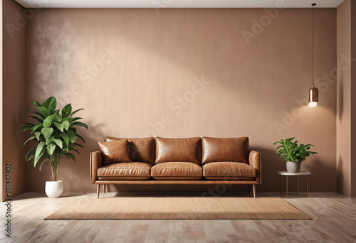 brown living room interior with sofa and potted plant