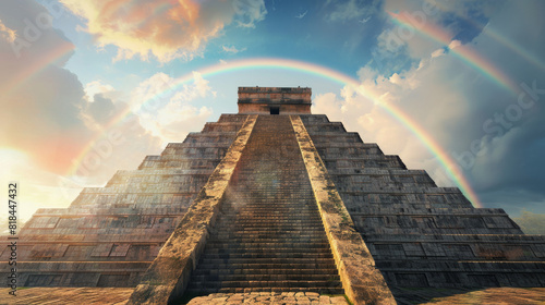 Chichen Itza with a rainbow stretching across the sky behind the ancient pyramid, offering space on the right side for text photo