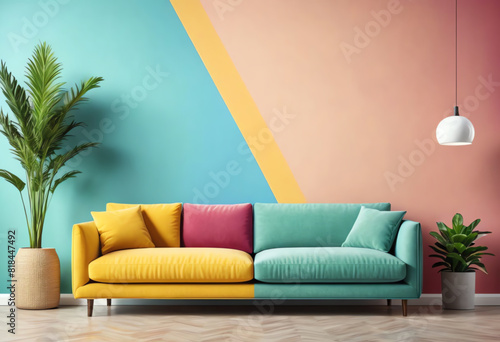 colorful interior background with sofa, hanging plant and plant decoration © XMind