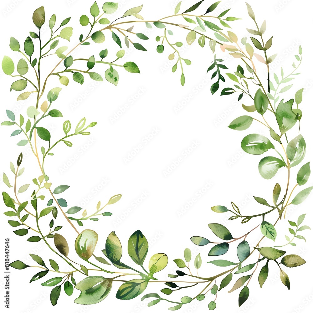A beautiful watercolor painting of a wreath of green leaves A beautiful watercolor painting of a wreath of green leaves