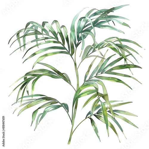 Watercolor painting of a palm branch with green leaves.