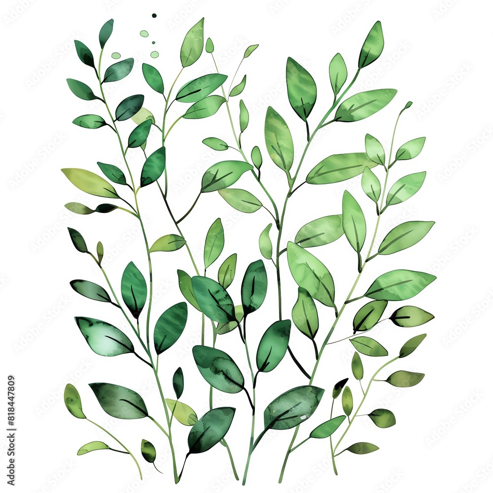 A beautiful watercolor painting of various green leaves and branches A beautiful watercolor painting of various green leaves and branches