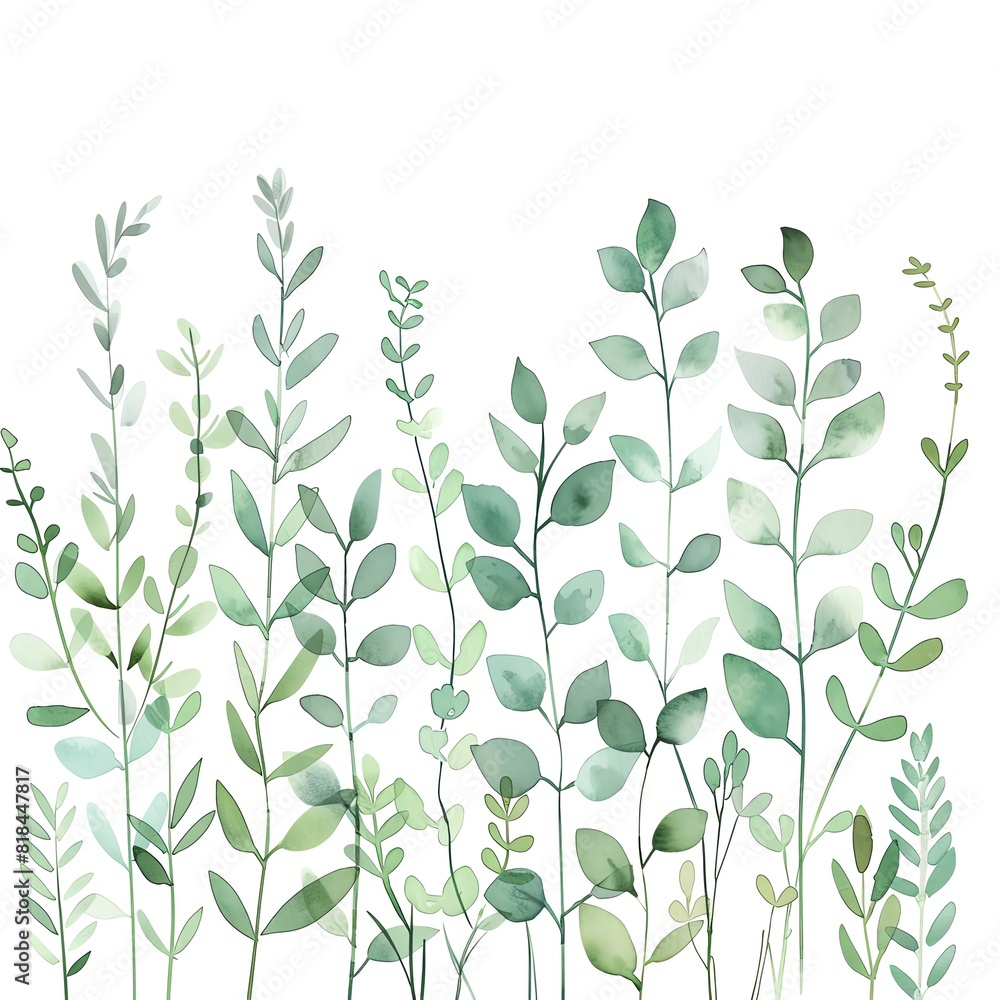 Create a watercolor painting of a variety of green plants and leaves on a white background