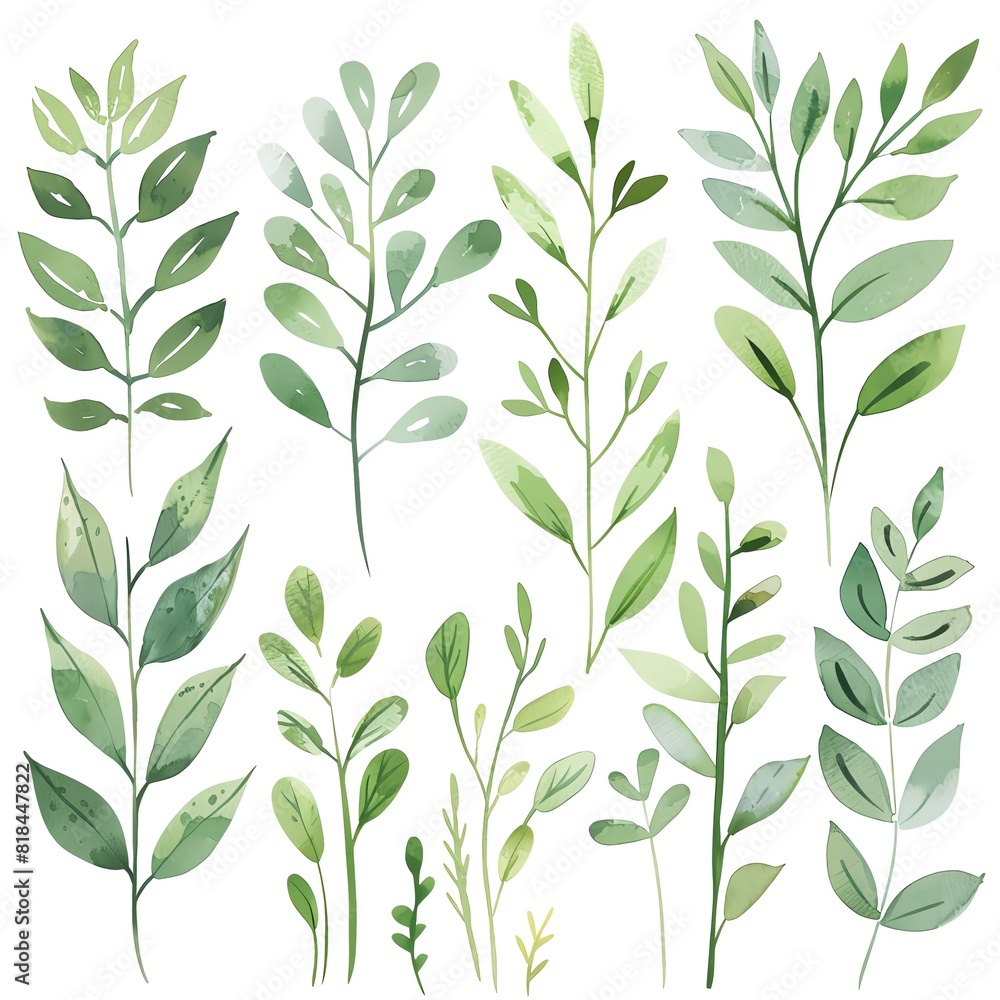 A set of watercolor hand-painted green leaves. A set of watercolor hand-painted green leaves.
