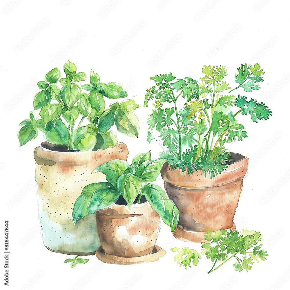 Fototapeta premium A watercolor painting of three pots of herbs