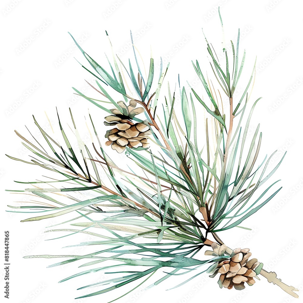 Fototapeta premium A watercolor painting of a pine branch with two pine cones. The branch is green and the pine cones are brown. The painting has a soft, natural look.