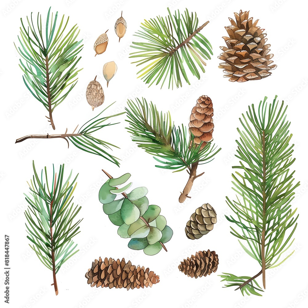 Fototapeta premium A beautiful watercolor painting of a variety of pine cones and branches
