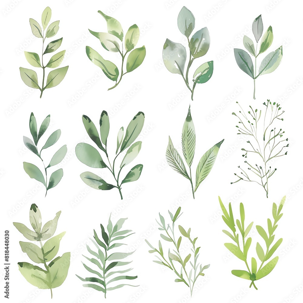 A set of watercolor green leaves A set of watercolor green leaves
