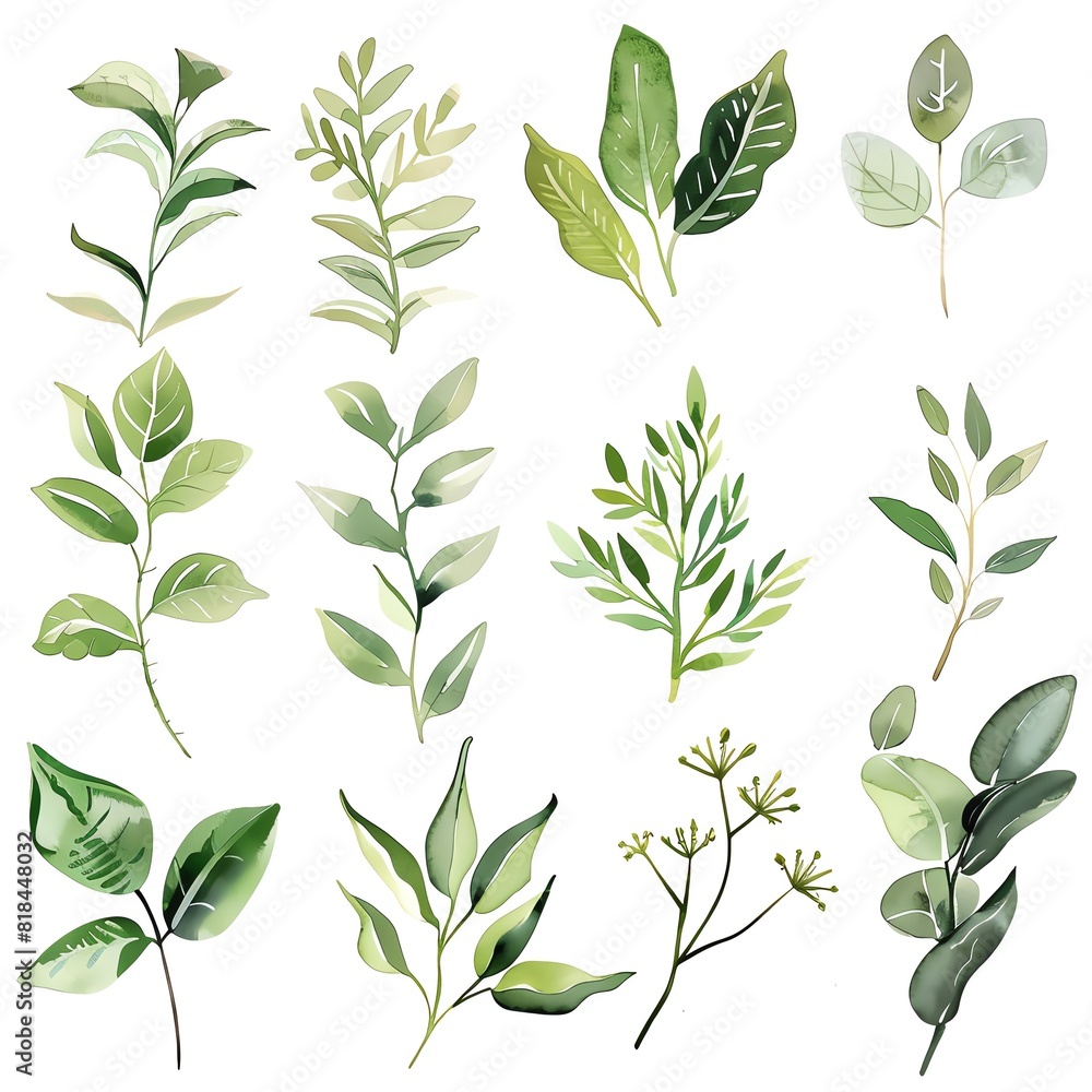 A set of watercolor green leaves. The leaves are in different shapes and sizes. They are all painted in a realistic style.