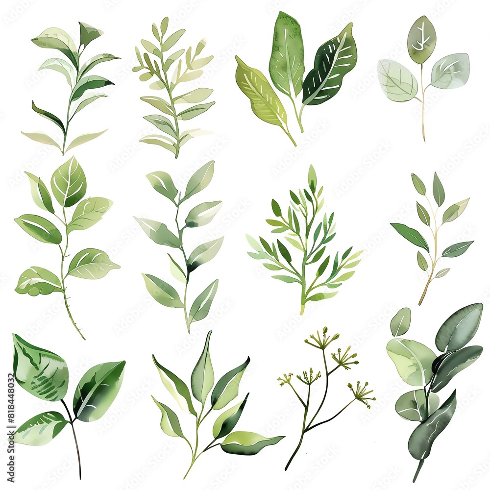 A set of watercolor green leaves. The leaves are in different shapes and sizes. They are all painted in a realistic style. A set of watercolor green leaves. The leaves are in different shapes and sizes. They are all painted in a realistic style.
