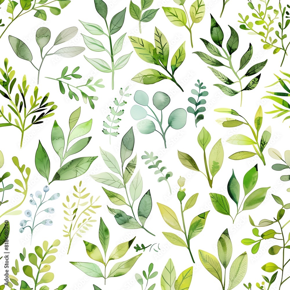 A seamless pattern of watercolor painted green leaves on a white background. A seamless pattern of watercolor painted green leaves on a white background.