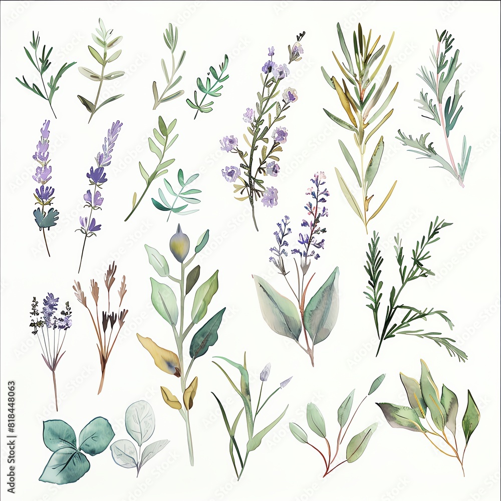 A beautiful watercolor painting of various herbs and flowers A beautiful watercolor painting of various herbs and flowers