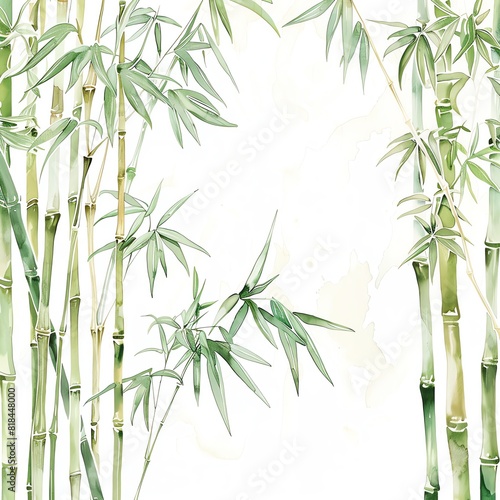 Aquarelle style painting of bamboo plants with white background  painted in shades of green.