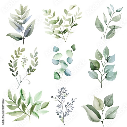 A set of watercolor illustrations of various green leaves.