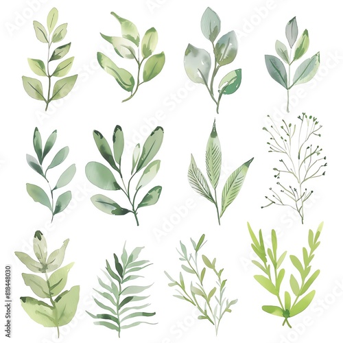 A set of watercolor green leaves
