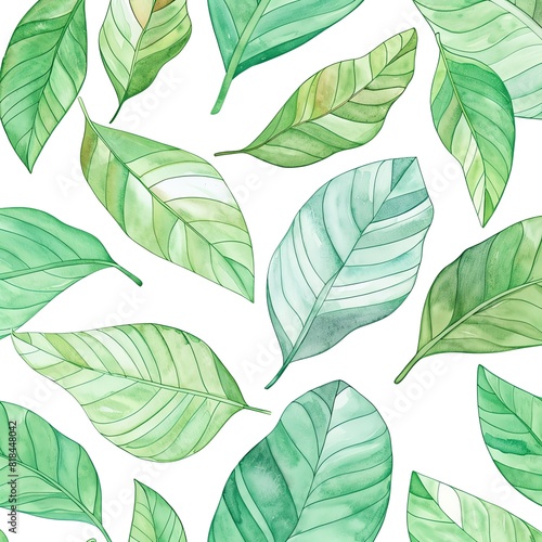 A seamless pattern of watercolor painted green leaves. The leaves are various shades of green  from light to dark  and have a watercolor texture.