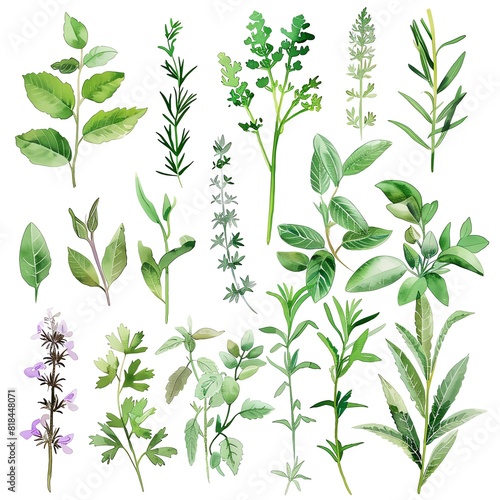A variety of hand-drawn herbs and spices  including basil  thyme  rosemary  and oregano. The illustrations are simple and elegant  with a focus on the natural beauty of the plants.