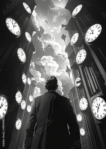 A monochrome illustration of a man standing amidst a circling array of clocks in the sky, invoking a surreal feeling of time