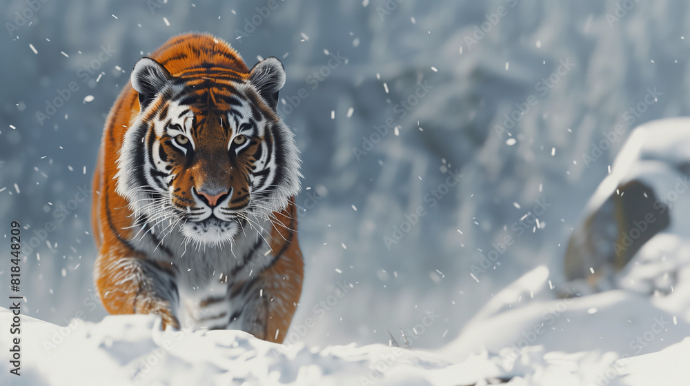 Obraz premium A Siberian Tiger is in the snow mountains, the details of the thick black and orange striped tiger fur are clearly visible, Ai generated Images