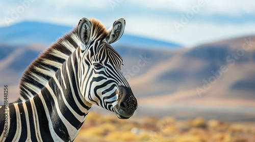zebra with a mountainous background  the contrasting details of the black and white stripes on the zebra s skin are clearly visible  Ai Generated Images