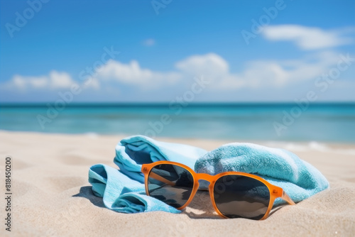 ORANGE SUNGLASSES, NEXT TO A TOWEL, ON THE SAND OF THE BEACH. SUMMER © BARLOP