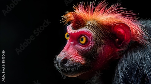 Captivating Expression of a Vibrant Red Faced Uakari Monkey on Dark Background photo