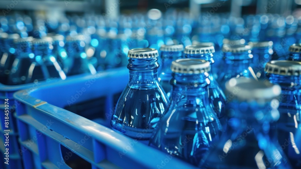 empty glass Bottle In blue plastic crate. waiting to send to refill beverage factory. empty glass Bottle In blue plastic crate. waiting to send to refill beverage factory.